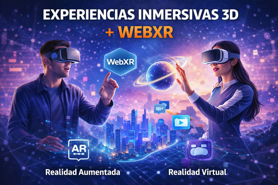 Visualización de una experiencia web inmersiva 3D con elementos flotantes y profundidad